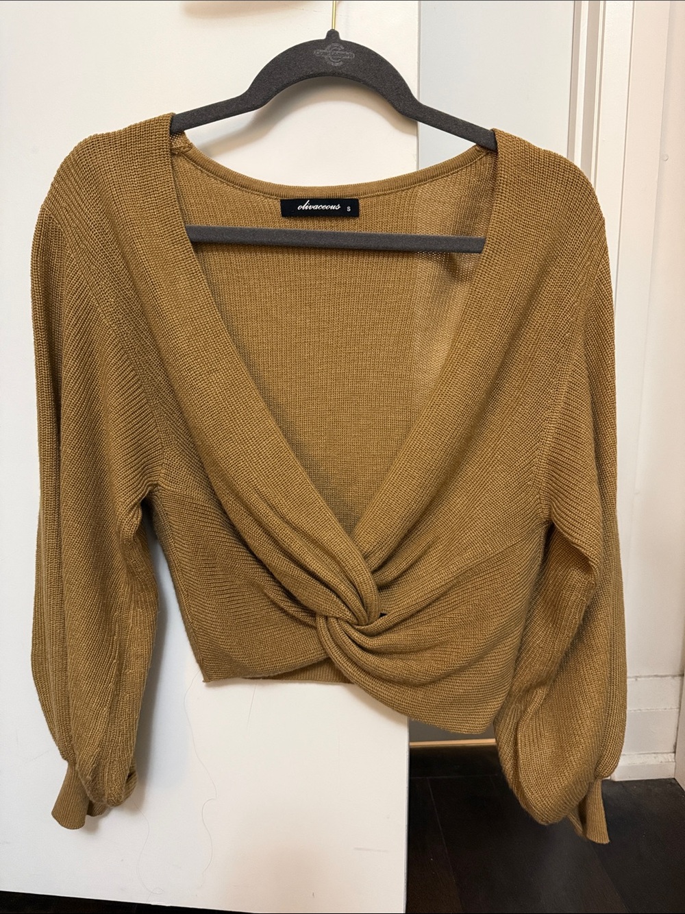Olivaceous Mustard Knot-Front V-Neck Sweater